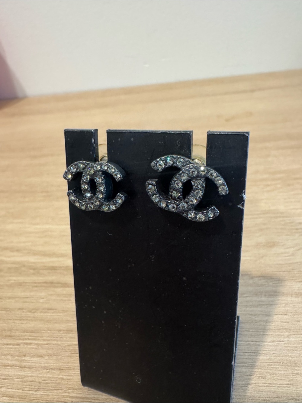 CHANEL Black and Silver Crystal CC Logo Stud Earrings - Picture 3 of 3